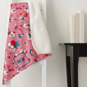  Coquette hearts, and flowers white red teal Sherpa Blanket