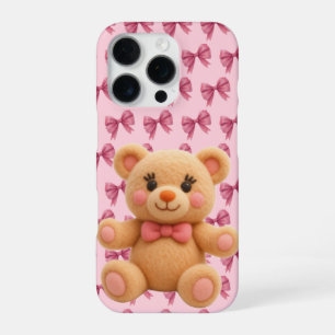 Coquette Kawaii Peach Teddy with Pink Bow Print iPhone 16 Pro Case