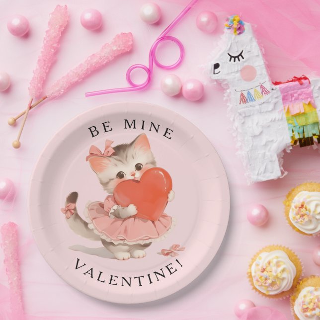 Coquette Kitty Vintage Be Mine Valentine Paper Plate (Party)