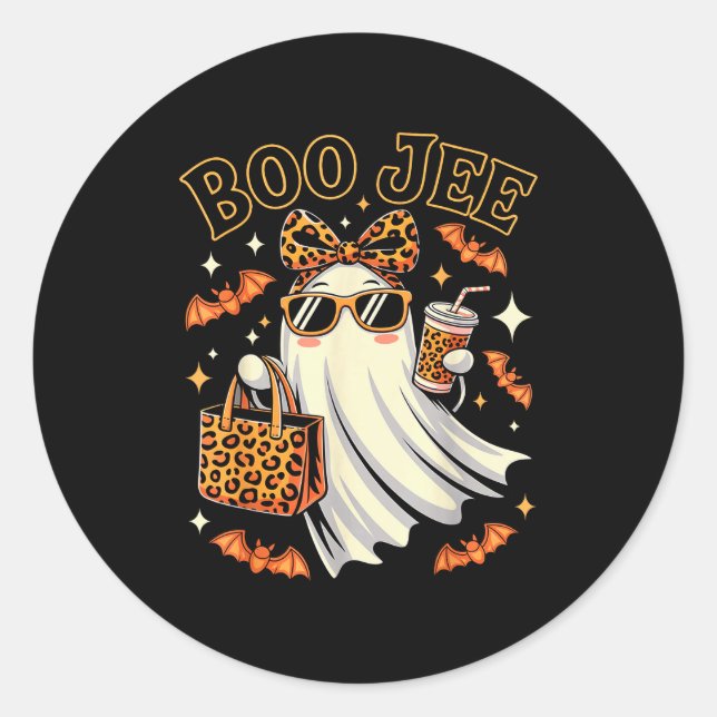 Coquette Leopard Ghost Coffee Boo Jee Halloween Bo Classic Round Sticker (Front)