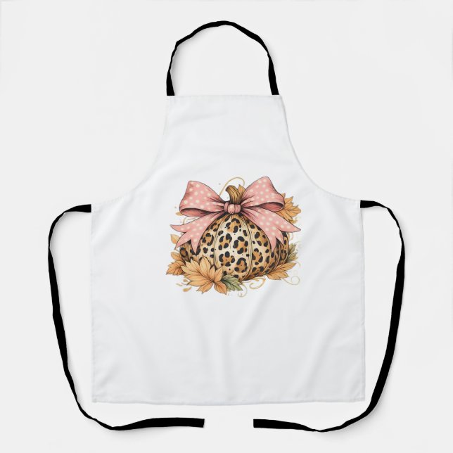 Coquette Leopard Pumpkin with Pink Bow – Glam Fall Apron (Front)