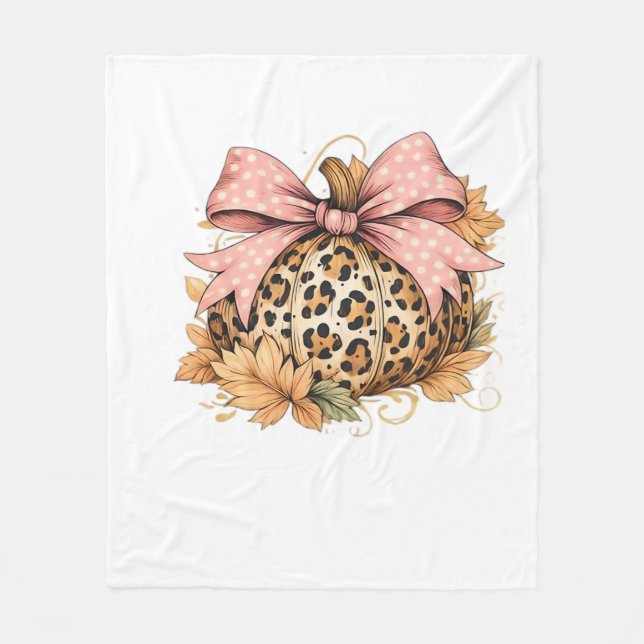 Coquette Leopard Pumpkin with Pink Bow – Glam Fall Fleece Blanket (Front)