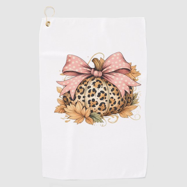 Coquette Leopard Pumpkin with Pink Bow – Glam Fall Golf Towel (Front)