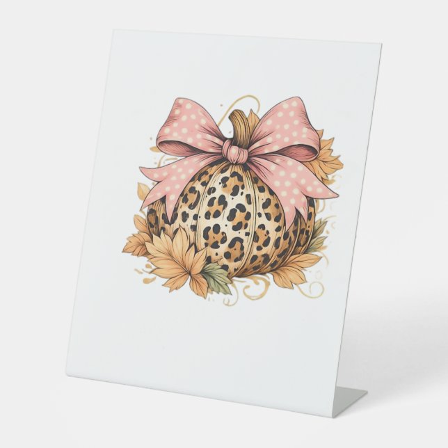 Coquette Leopard Pumpkin with Pink Bow – Glam Fall Pedestal Sign (Front)