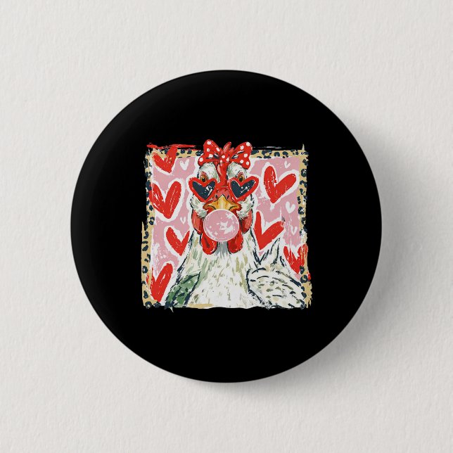 Coquette Leopard Valentine Chicken Hen Blowing Bub 2 Inch Round Button (Front)