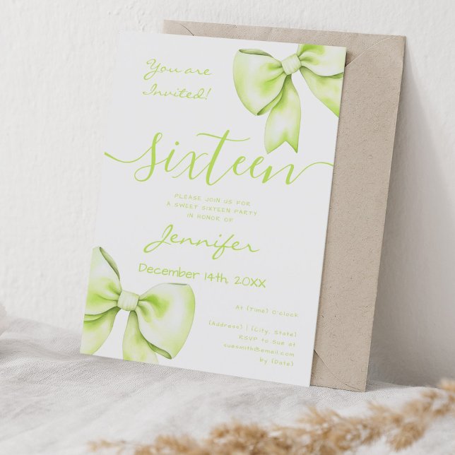 Coquette Lime Green Bow Sweet 16 Birthday Invitation (Coquette Lime Green Bow Sweet 16 Birthday Invitation)