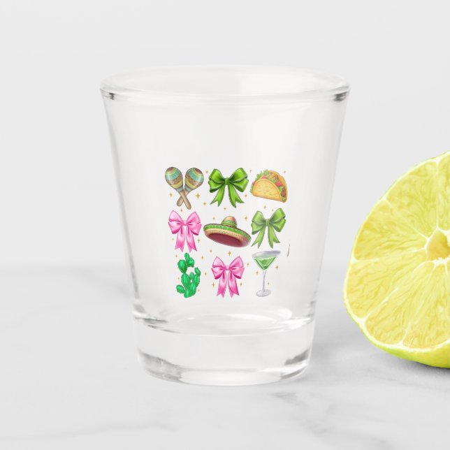 Coquette Mardi Gras Bow Fleur De Lis Mask Fat Tues Shot Glass (Front)