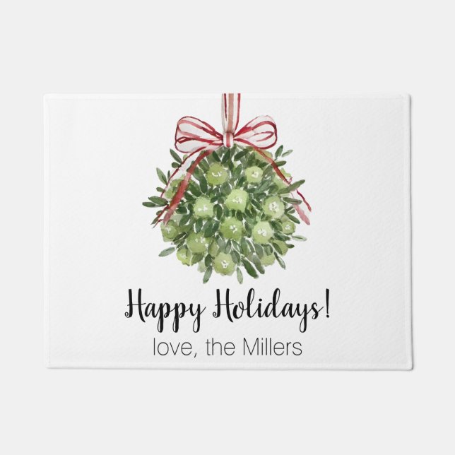 Coquette Mistletoe Watercolor Christmas Door Mat (Front)