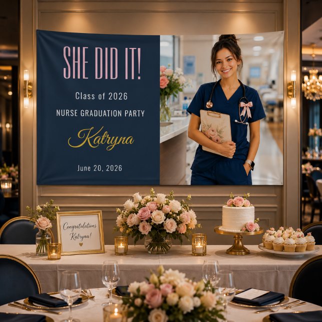 Coquette Nurse Graduation Banner (Elegant nurse graduation banner with luxury blush navy celebration styling)
