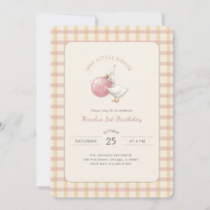 Coquette One Little Goose Pink Bow 1st Birthday Invitation