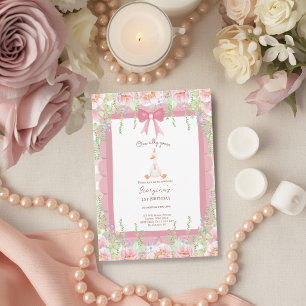 Coquette One Silly Goose Pink Bow 1st Birthday Invitation