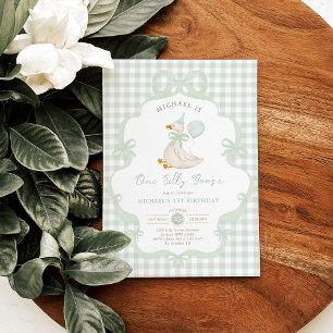 Coquette One Silly Goose Sage Green Bow Birthday Invitation