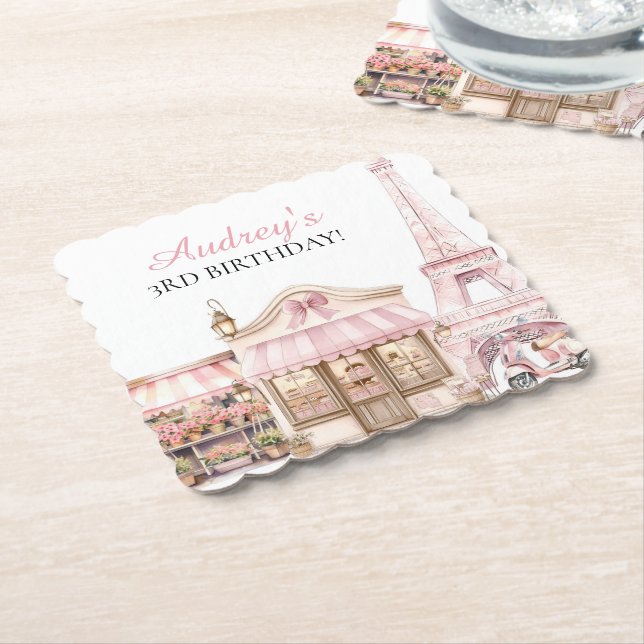 Coquette Paris French Parisian Cafe Birthday Paper Coaster (Angled)