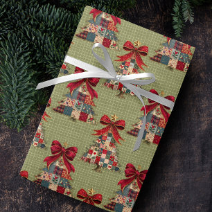Coquette patchwork christmas trees green squares wrapping paper