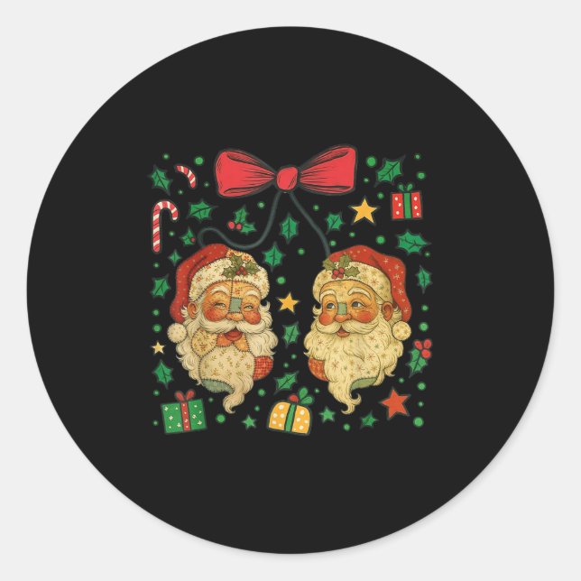 Coquette Patchwork Santa Claus Retro Christmas Fun Classic Round Sticker (Front)