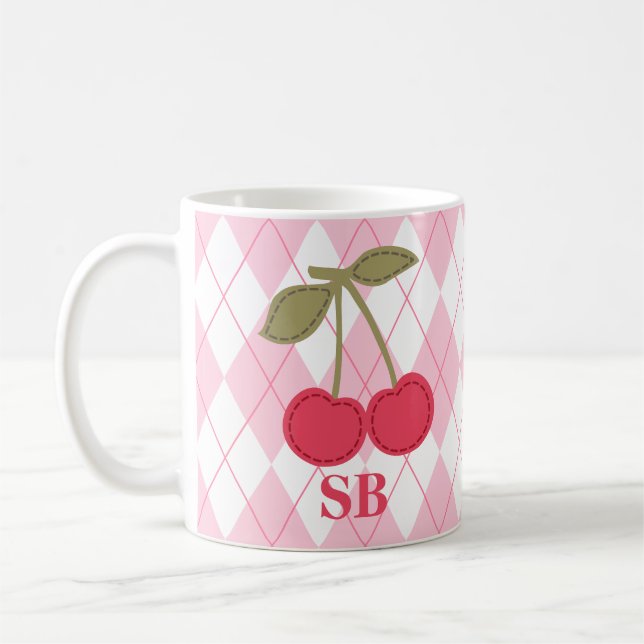 Coquette Personalized Jacquard Pink Cherry  Coffee Mug (Left)