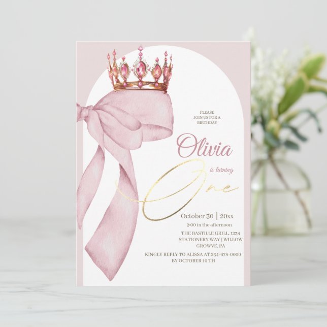 Coquette Pink Bow 1st Birthday  Invitation (Standing Front)