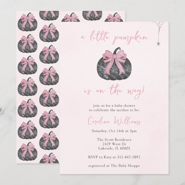 Coquette Pink Bow A Little Pumpkin Fall Halloween Invitation (Front/Back)