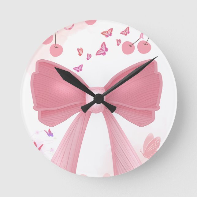 Coquette Pink Bow and Cherries Aesthetic Collage – Round Clock (Front)