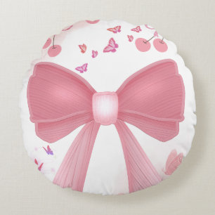 Coquette Pink Bow and Cherries Aesthetic Collage – Round Pillow