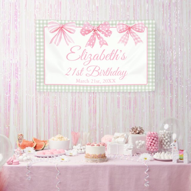 Coquette Pink Bow And Sage Gingham 21st Birthday Banner (Party)