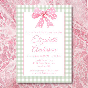 Coquette Pink Bow And Sage Gingham Baby Shower Invitation
