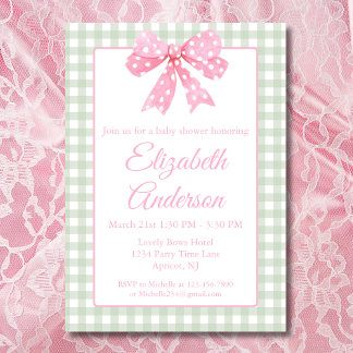 Coquette Pink Bow And Sage Gingham Baby Shower Invitation