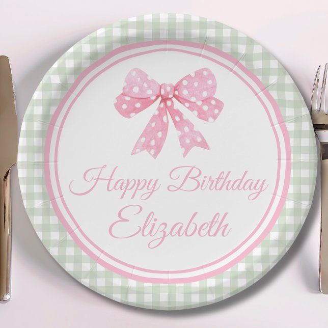 Coquette Pink Bow And Sage Gingham Birthday Paper Plate (Creator Uploaded)