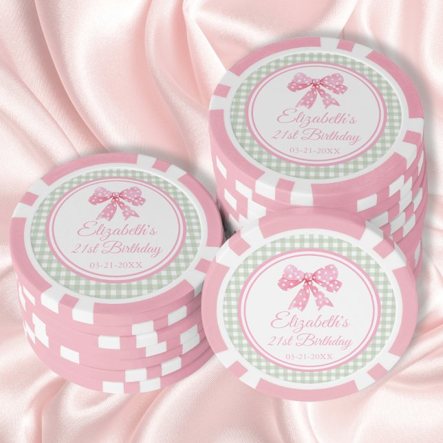 Coquette Pink Bow And Sage Gingham Birthday Poker Chips (Creator Uploaded)