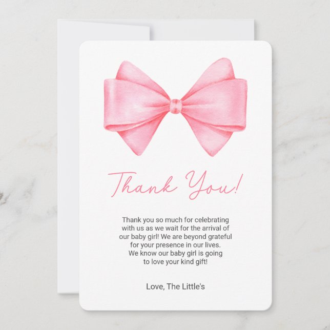 Coquette Pink Bow Baby Shower Thank You Card (Front)
