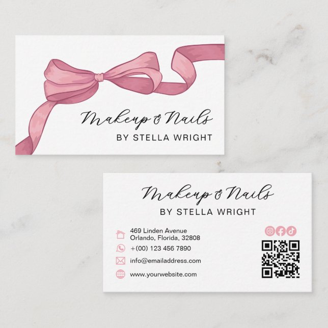 Coquette Pink Bow Beauty QR Code Business Card (Front/Back)