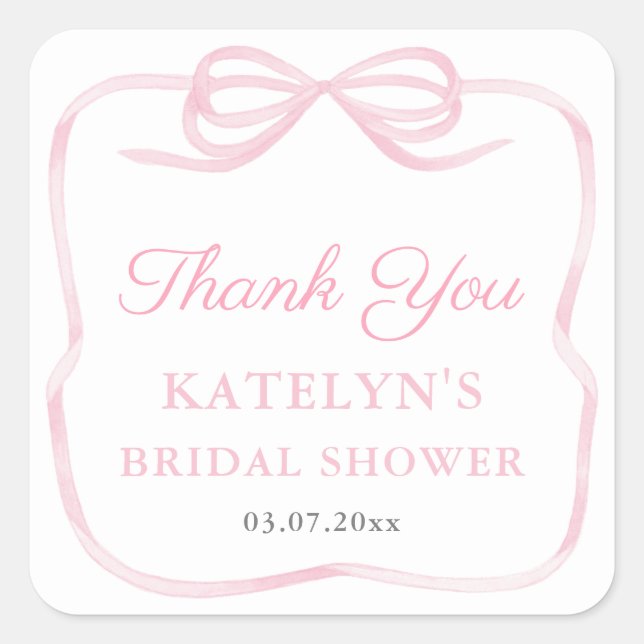 Coquette Pink Bow Bridal Shower Thank You Favour Square Sticker (Front)