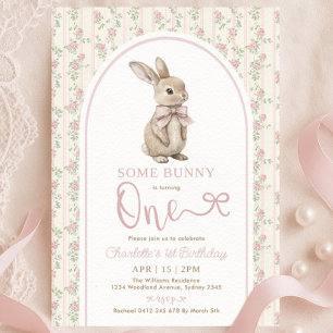 Coquette Pink Bow Bunny 1st Birthday Invitation