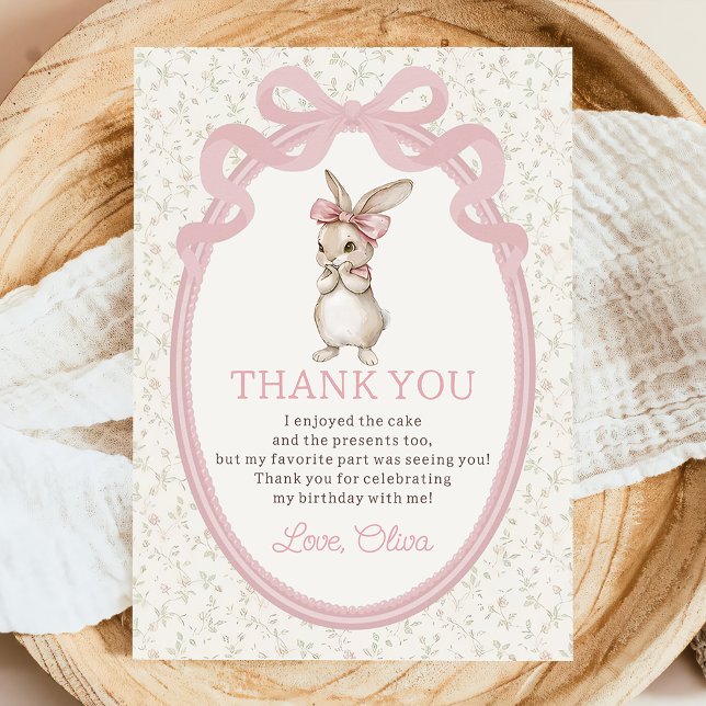 Coquette Pink Bow Bunny Birthday Thank You Card (Creator Uploaded)