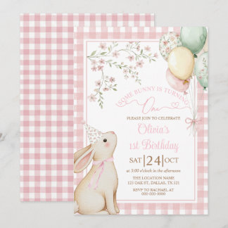 Coquette Pink Bow Bunny Rabbit Girl 1st Birthday Invitation