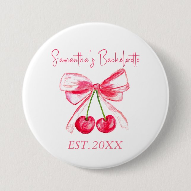 Coquette Pink Bow Cherry Bachelorette Party  3 Inch Round Button (Front)