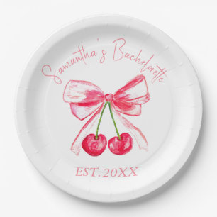 Coquette Pink Bow Cherry Bachelorette Party  Paper Plate