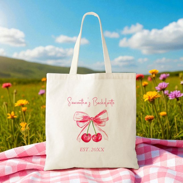 Coquette Pink Bow Cherry Bachelorette Party  Tote Bag (Creator Uploaded)