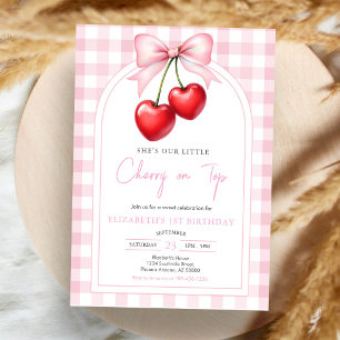 Coquette Pink Bow Cherry Birthday Invitation