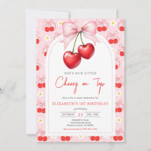 Coquette Pink Bow Cherry Birthday Invitation