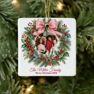 Coquette Pink Bow Christmas Photo Ornament
