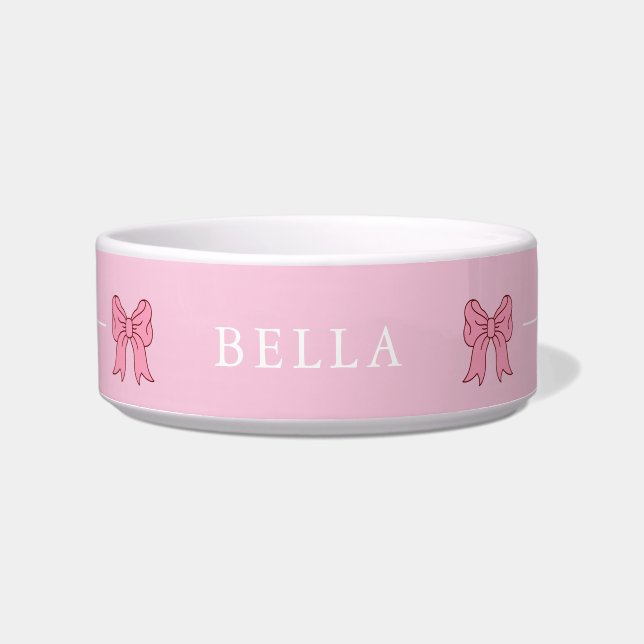 Coquette Pink Bow Custom Name Modern Pet Bowl (Front)