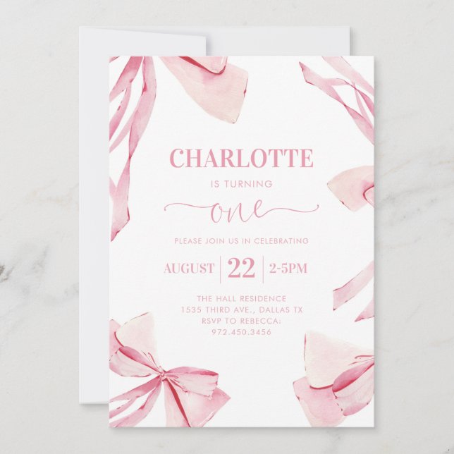 Coquette PINK BOW First Birthday Invitation (Front)