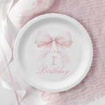 Coquette Pink Bow First Birthday Paper Plate<br><div class="desc">Celebrate your little one's special day with the Coquette Pink Bow First Birthday Paper Plates. This charming design sets the tone for a day filled with joy and wonder, blending modern style with timeless elegance. At its heart is a lovely blush pink bow, symbolizing the gift of precious memories, while...</div>