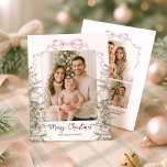 Coquette Pink Bow Four Photo Christmas Holiday Card<br><div class="desc">Share holiday joy with this elegant Merry Christmas photo card. Featuring four of your family photos framed by watercolor evergreens, ornaments, and a festive coquette pink bow, this design beautifully blends seasonal charm with a modern touch. The front showcases your holiday greeting and family name, while the back includes space...</div>