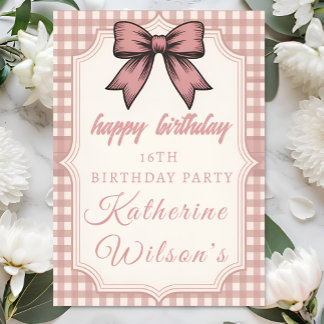 Coquette Pink Bow & Gingham Sweet 16  Card