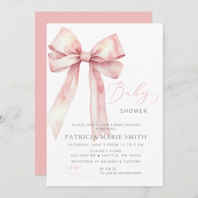Coquette Pink Bow Girl Baby Shower Invitation (Front/Back)