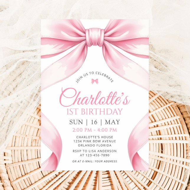  Coquette Pink Bow Girl First Birthday Invitation (Creator Uploaded)