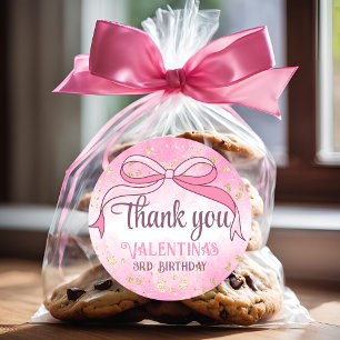 Coquette Pink Bow Gold Glitter Script Thank You Classic Round Sticker