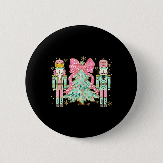 Coquette Pink Bow Nutcracker Christmas Tree Preppy 2 Inch Round Button (Front)